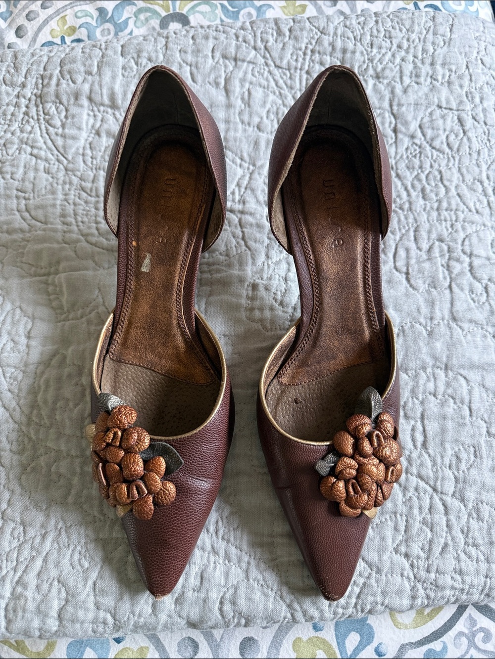 Unisa brown heels with 3D floral embellishments